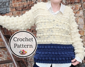 Crochet Pattern, Water Street Bobble Pullover, Sweater in women's sizes XS-2X