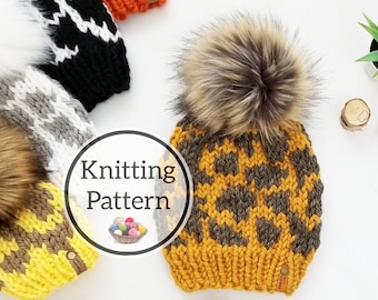 Wild Bunch Beanie Knit Hat Pattern, Animal Print Knit Toque Pattern, Spotted Hat Knit PDF Pattern