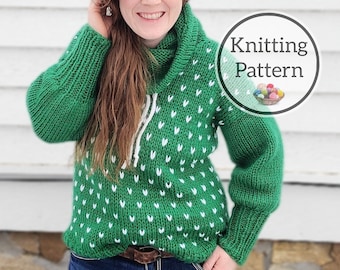 Knitting Pattern, Classic Little Hearts Sweater, Beginner Sweater Pattern in Bulky weight, sizes XS-5X