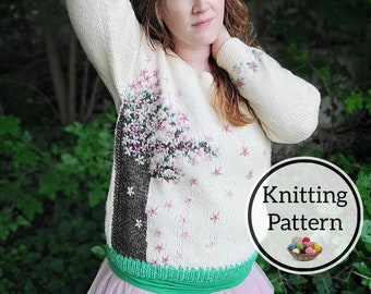 Knitting Pattern, In Bloom Pullover, Sweater Pattern, Cherry Blossom Sweater, Floral, sizes XS-3X