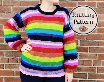 Knitting Pattern, Rainbow Stash Striped Sweater, Beginner Sweater Pattern in Aran/Worsted weight, sizes XS-5X