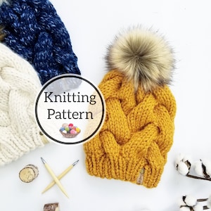May include: Knitting pattern for a yellow beanie with a brown faux fur pom pom. The beanie has a cable knit design and is shown with two knitting needles and a ball of yarn.