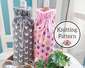 Pattern, Classic Little Hearts Wine Bottle Sweater Pattern, Knit Bottle Cozy Pattern