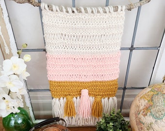 Pink and Gold Wall Hanging, Woven Wall Art, Knit Wall Decor