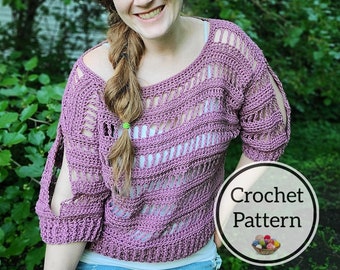 Crochet Pattern, Lilac Lane Crop in sizes XS-5X, Festival Top, Swim Cover-up, Cold Shoulder Top, Peekaboo sleeves, Off the shoulder shirt