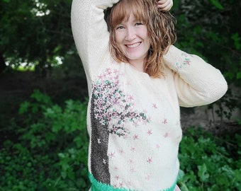 Cherry Blossom Sweater, Ivory and Pink Wool/Cotton/ Acrylic Blend Pullover, Spring Sweater