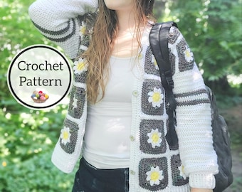 Crochet Pattern, Daisy Cardigan, Granny Square Crochet Sweater Recipe, Floral Cardigan, Granny Square Jumper