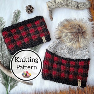 May include: Knitting pattern for a red and black plaid hat and matching headband. The hat has a fluffy pom pom on top. The pattern is called "Knitting Pattern".
