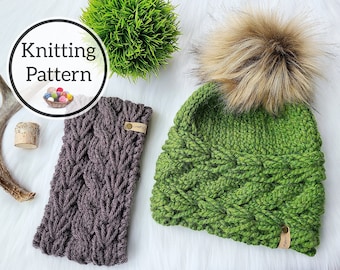 Fern Path Headband and Brimless Beanie Knit Pattern, Bulky and Super Bulky Knitting Pattern