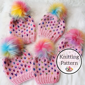 Mönster för klassisk stickad mössa med små hjärtan, mönster i 8 storlekar, dubbeltrådig kamgarnsvikt, mönster för skrymmande mössa