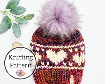 Big Love Beanie Knit Hat Pattern, Super Bulky Hearts Hat Pattern