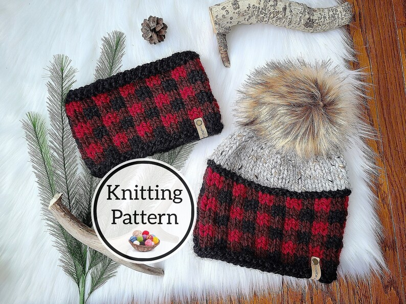 A Little Bit Plaid Brimless Beanie Knit Hat Pattern, Knitting Pattern in 3 sizes, Bulky and Super Bulky, Bonus Headband image 1