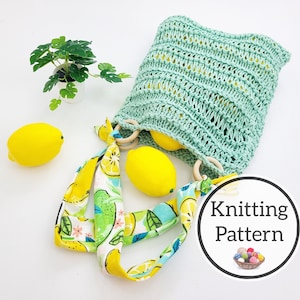 May include: A green crochet bag with a lemon print fabric strap. The bag is filled with lemons and has a "Knitting Pattern" label.