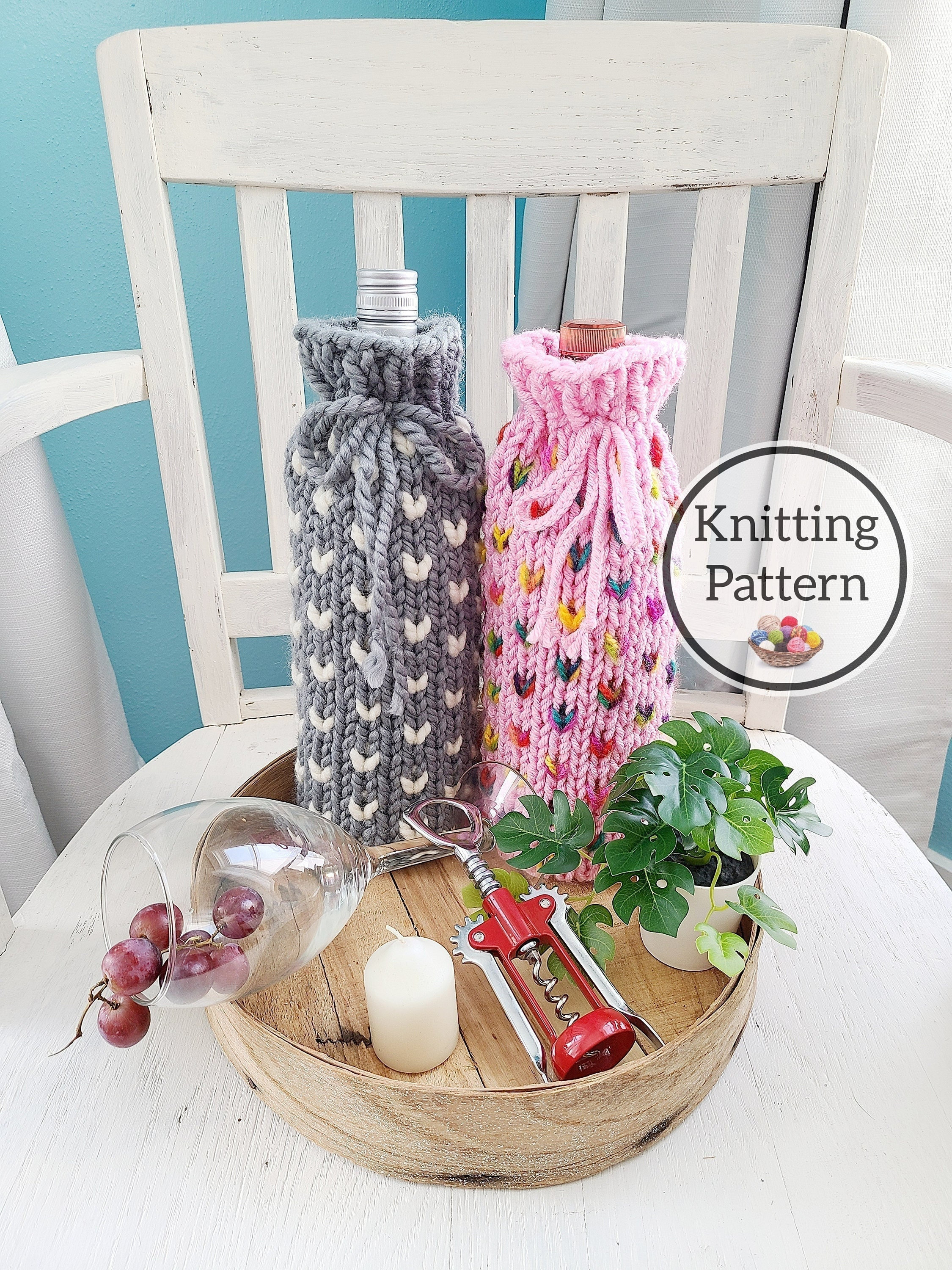 Pattern, Classic Little Hearts Wine Bottle Sweater Pattern, Knit Bottle Cozy Pattern