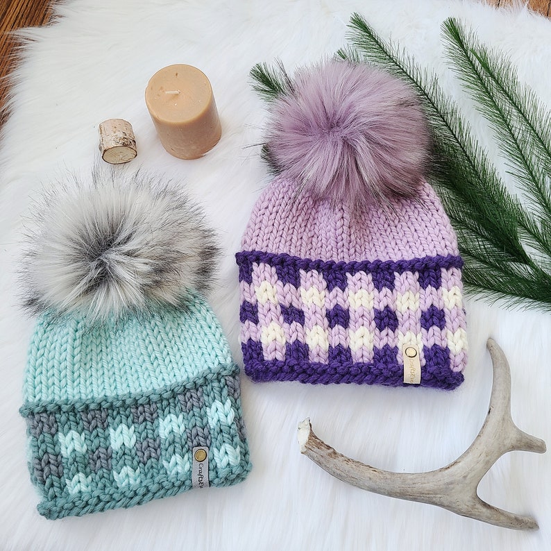 A Little Bit Plaid Brimless Beanie Knit Hat Pattern, Knitting Pattern in 3 sizes, Bulky and Super Bulky, Bonus Headband image 4