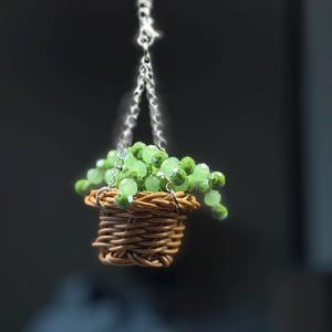 Crystal Succulent Window or Rearview Mirror Car Charm – Mini Faceted Beaded Plant in Wicker Basket - Sun catcher String of Pearls