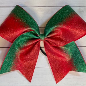 FAST SHIP! Green and Red CHEER Bow -  Ombré glitter cheer bow -  big sparkly cheer bow -  Glittery Hair Bow for cheerleading, Christmas Bow
