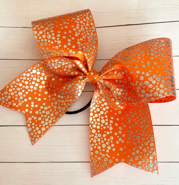 thumbnail interactive-video image 1 of Orange Black White Cheer Hair Bow - 3 Inch Ribbon Pony Tail Holder For Girls, Handmade In USA 1 of 6