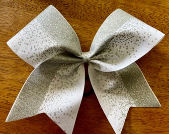 White CHEER Bow - Ombré Silver glitter cheer bow - big cheer bow - girls Hair Bow for cheerleading - team bows - cheer gift