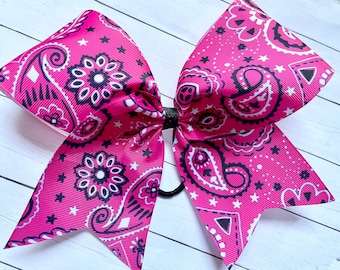 HOT PINK cheer bow - BANDANA Paisley cheer bow - Cowgirl cheerleading bow - girls Hair Bow for cheerleading softball
