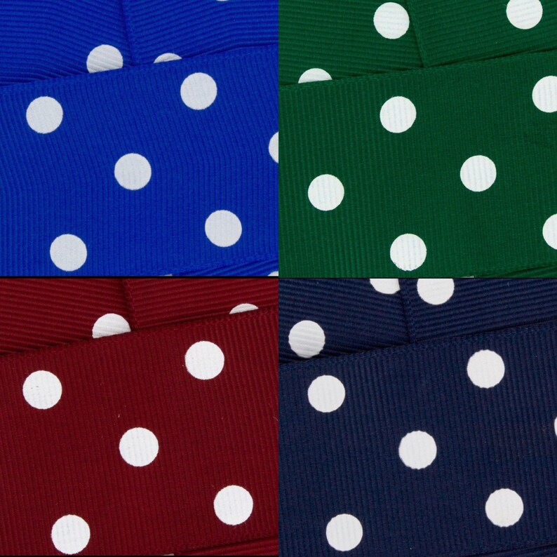 May include: Four fabric samples with white polka dots on different coloured backgrounds. The colours are blue, green, burgundy, and navy.