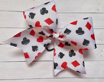 Lucky Cheer Bow - Arc d'encouragement au poker - Arc d'Alice au pays des merveilles - Arc d'encouragement Big Grosgrain - Arc de cheveux pour filles pour cheerleading - Noir Blanc Rouge