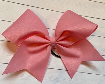 PINK GLITTER Cheer bow Glittery big 3” Ribbon bubblegum breast cancer awareness ( girls Hair Bow for cheerleading softball practice )