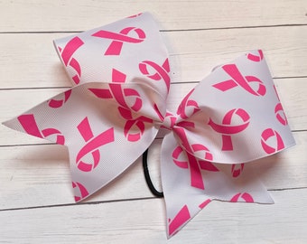 WHITE Pink Cheer Bow - big cheer bow - girls Hair Bow for cheerleading - breast cancer awareness cheer bow - team bows