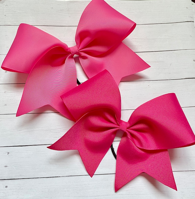 Peut inclure: Deux n&oelig;uds de pom-pom rose avec un &eacute;lastique noir. Les n&oelig;uds sont faits d'un tissu brillant et textur&eacute;.