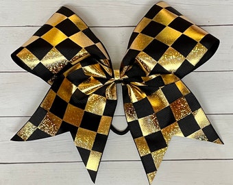 Black and Gold Holographic Cheer Bow // Checker Cheer Bow // Gold Hologram Cheer Bow
