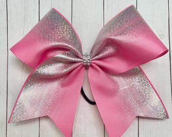 PINK Cheer Bow - SILVER Ombré CHEER Bow - holographic cheer bow- breast cancer awareness hair bow