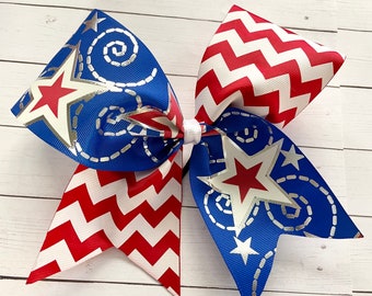 Red White Blue Cheer Bow / All American Cheer bow / patriotic cheer bow / USA Metallic Silver Stars bow