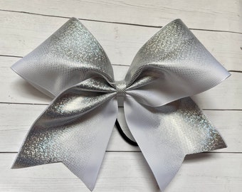 WHITE Cheer Bow, holographic silver cheer bow, team cheer bows, hair bow for cheerleader, big white cheer bow