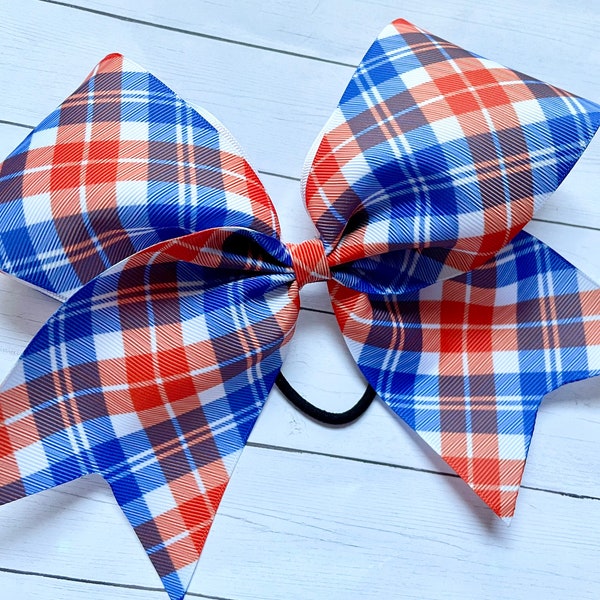 ORANGE BLUE cheer Bow - PLAID print - big grosgrain Ribbon bow - Gators, Auburn, girls Hair Bow for cheerleading softball practice