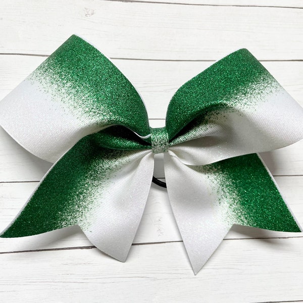 Green and White CHEER Bow -  Ombré glitter cheer bow -  big sparkly cheer bow -  Glittery Hair Bow for cheerleading softball