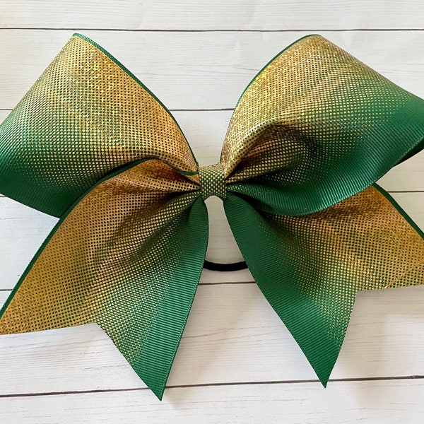 Forest Green CHEER bow GOLD Ombré big 3” grosgrain ( ribbon hologram girls Hair Bow for cheerleading softball practice )