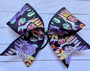 Halloween Cheer Bow - princess villains  - cruella de ville- Ursula - Maleficent -  hair bow for cheerleader - Big villian cheer bow