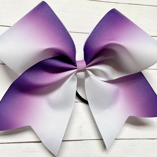 Purple and White big 3” Cheer Bow Ombré glitter sparkle big 3” inch grosgrain ( ribbon Sparkle Hair Bow for cheerleading softball practice)