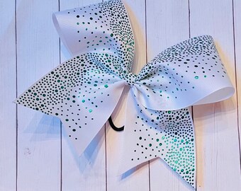 Green CHEER Bow - Green HOLOGRAPHIC cheer bow- sparkle dot ribbon - Hair Bow for cheerleading -  green white cheer bow - cheer team bow