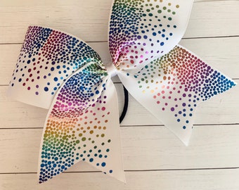 WHITE CHEER Bow Rainbow HOLOGRAPHIC Dazzle big 3” grosgrain Ribbon (dot sparkle ribbon hologram girls Hair Bow for cheerleading softball )