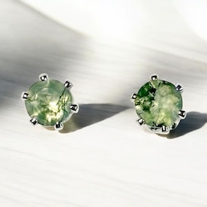 Tiny 4mm Faceted Moss Agate Gemstone Stud Earrings with Sterling Silver