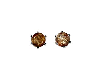 6mm Faceted Copper Rutilated Quartz Gemstone Stud Earrings Prong set in Sterling Silver