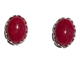 6x8mm Red Oval Mountain Jade Post Earrings with Sterling Silver