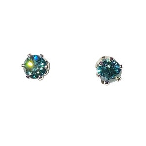 Tiny 4mm Faceted Blue/Green Moissanite Diamond Gemstone Stud Earrings with Sterling Silver