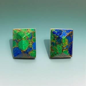 8x10mm Blue and Green Azurite Rectangle Pyramid Shaped Gemstone Stud Earrings with Sterling Silver