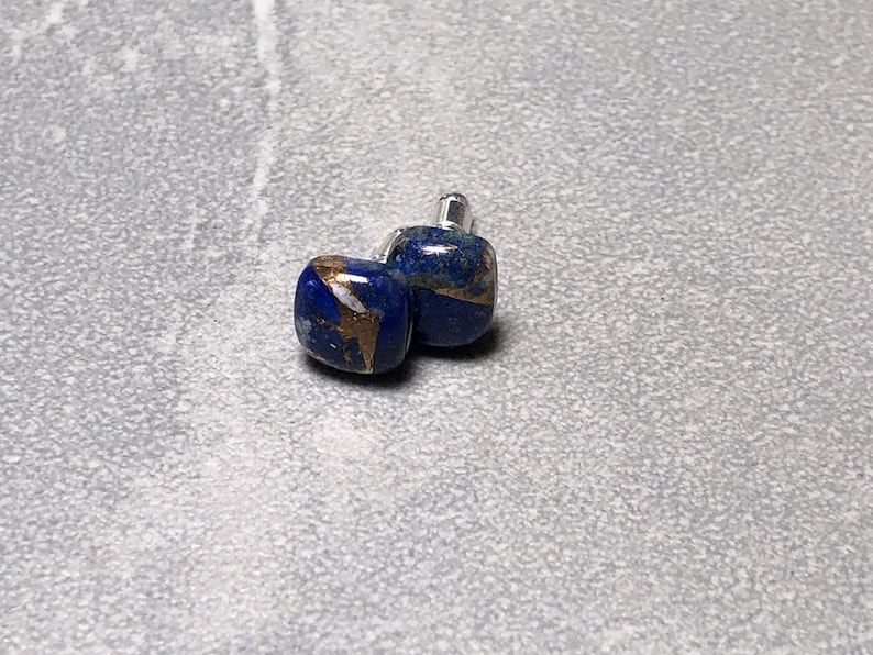 8mm Cushion Cut Mohave Lapis Gemstone Post Earrings with Sterling Silver