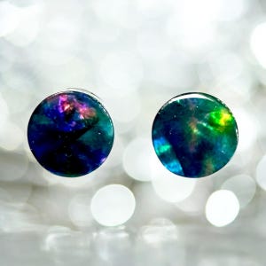 Stud Earrings 10mm Blue Green Ammolite and Quartz Gemstone Doublet Stud Earrings with Sterling Silver