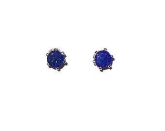 Tiny 4mm Faceted Lapis Gemstone Post Earrings set in Sterling Silver