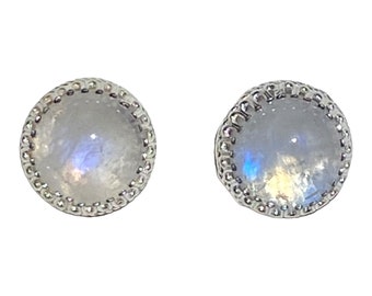8mm Rainbow Moonstone Gemstone Stud Earrings set in Sterling Silver