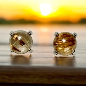 6mm Copper Rutilated Quartz Gemstone Stud Earrings Prong set in Sterling Silver